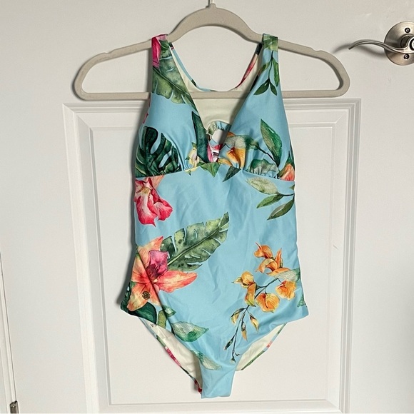 New! Leonisa Blue Floral Back Hardware Ring One Piece Swimsuit 35127 - Picture 3 of 11